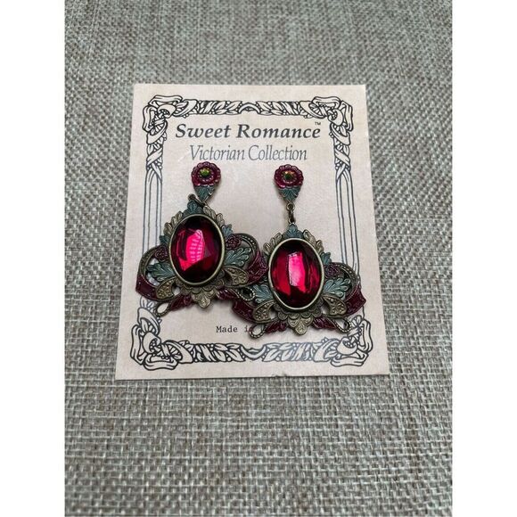 Vintage Sweet Romance Red Stone Drop Post Earrings Victorian Collection - Picture 1 of 3